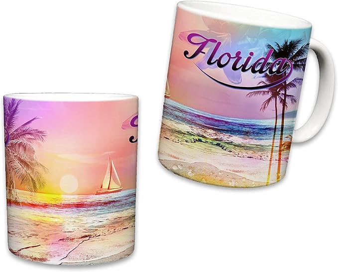 Sweet Gisele | Tropical Florida Beach Mug | Ceramic Coffee Cup Souvenir | Colorful Floral Design | Shoreline View Mugs | Beautiful Palm Tree Accents | Great Novelty Gift | 11 Fl. Oz (Multicolored)
