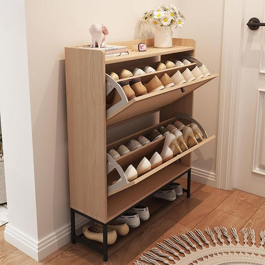 AVZEAR Narrow Shoe Storage Cabinet for Entryway with 2 Flip Drawers, Freestanding Shoe Cabinet with Natural Linen Panel, Slim Wood Shoe Organizer Closed Shoe Rack for Hallway, Foyer(Natural)