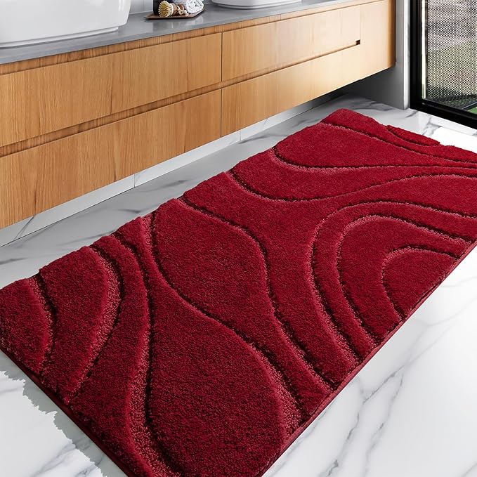 EXDE Bathroom Rugs Mat, Soft Plush Shaggy Microfiber Bath Rug, Non Slip Bath Mats for Bathroom Runner Floor, Machine Washable Absorbent Carpet for Shower Tub, Burgundy Red 24"x47"