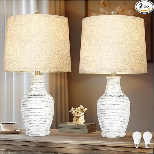 23" Blue Washed Ceramic Table Lamps Set of 2,Lamps for Living Room with 3-Way Dimmable Bulb,Rotary Switch,Bedside Lamp with Linen Shade,Nightstand Table Lamps of 2 for Bedroom,Reading(Bulb Included)