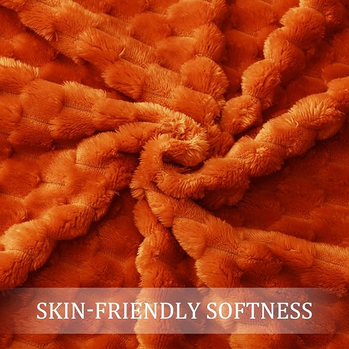 Exclusivo Mezcla Queen Size Soft Fleece Blanket, 90x90 Inches Stylish Jacquard Velvet Blanket for Bed, Fuzzy Cozy Lightweight for All Season, Burnt Orange
