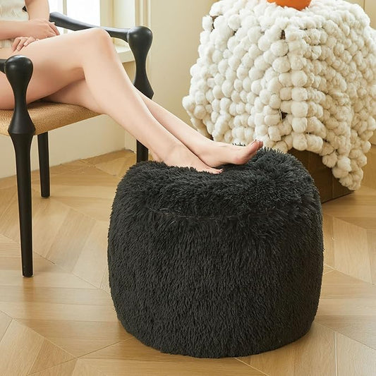 XeGe Fluffy Faux Fur Inflatable Pouf Ottoman, Cozy Shaggy Fuzzy Foot Stool, Furry Foot Rest Floor Pouf Anti-Slip, Foldable Round Ottoman Cushion for Living Room Bedroom Patio Dorm Desk, Dark Grey
