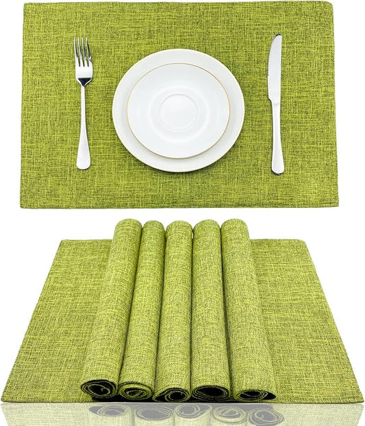 Weabetfu Cloth Placemats Set of 6 Heat Resistant Dining Table Placemmats Cotton Linen Machine Washable Kitchen Table Mats Wrinkle Free Thick Fabric Place Mats,Easy to Clean,13" x 19" Grass Green