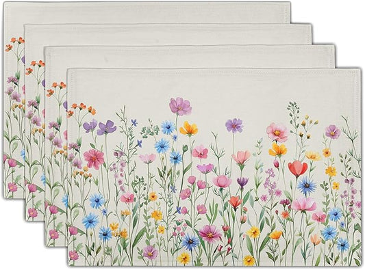 Giwawa 4PCs Spring Floral Placemats Summer Wildflowers Place Mat 12x18 Inch Watercolor Herb Flowers Washable Heat Resistant Table Mats for Kitchen Dining Party Picnic Seasonal Decor