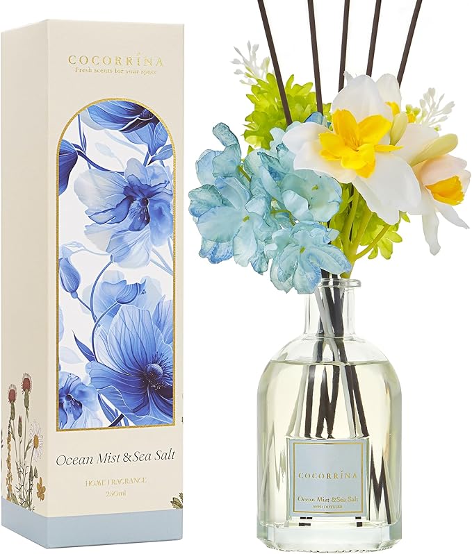 COCORRÍNA Reed Diffuser - Ocean Mist & Sea Salt 8.5 Fl.oz/ 250ml Flower Diffuser with 8 Sticks, Reed Diffusers for Home Bathroom Shelf Decor (Botanical Flower Collection)