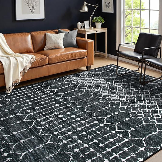 Lahome Moroccan Black Area Rugs 6x9 Living Room - Non-Slip Backing Ultra-Thin Large Throw Stain Resistant Dining Room Rugs for Under Table, Geometric Print Modren Soft Carpet for Bedroom Office
