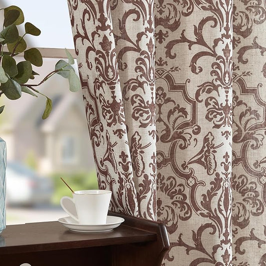 jinchan Linen Curtains for Bedroom Brown Damask Patterned 90 Inches Long for Living Room Light Filtering Vintage Curtains Baroque Style Drapes Grommet Window Treatments 2 Panels Set