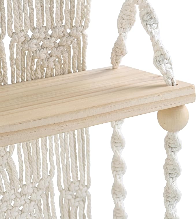 Hanging Plant Shelf Indoor Boho Decor - 3 Tier Macrame Shelf Wall Hanging Decor - Rope Boho Wall Art Wooden Floating Bookshelf for Kitchen, Bathroom or Bedroom
