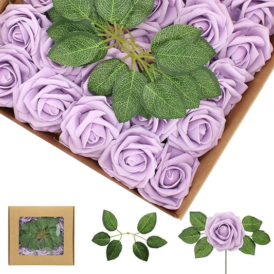 100PCS Light Purple Artificial Flowers Roses Real Looking Foam Fake Roses with Leaves for DIY Wedding Bouquets Bridal Shower Party Decorations (Lilac, 100)