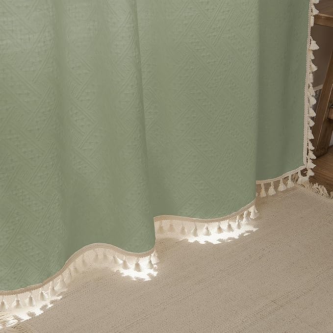 Joydeco Sage Green Boho Curtains 96 Inches Long 2 Panels, Super Soft Bohemian Farmhouse Curtains with Tassels, Semi Sheer Light Filtering Drapes for Bedroom Living Room (Rod Pocket, 52Wx96L)