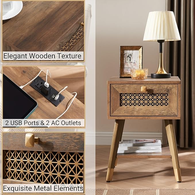 Mid Century Modern End Table for Living Room, Rustic Oak Small Side Tables with Charging Station, Outlets and USB Ports, Wood Nightstand with Storage Drawer and Open Shelf