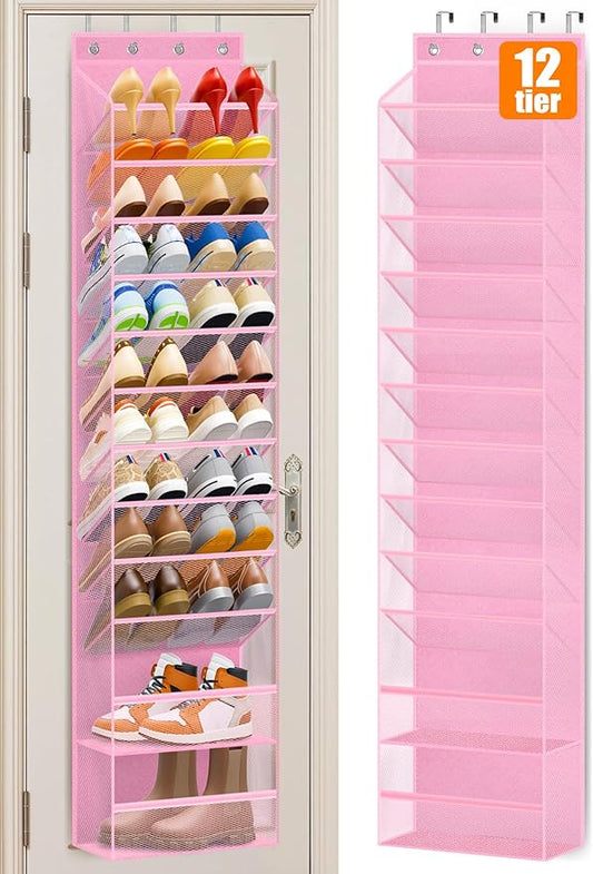 MISSLO 12 Tier Over the Door Shoe Organizer Breathable Mesh Hanging Shoe Rack for Closet Storage Shoe Holder for Door Fit 24 Pairs Sandals, Heels, Boots (Pink)