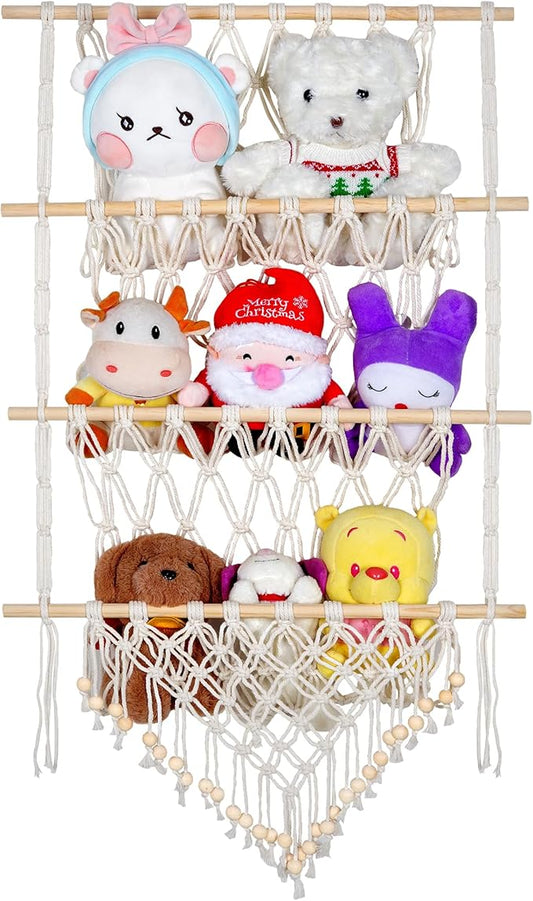 3 Tiers Plush Toy Organizer Hammock with Beads Tassels, Nursery Boho Stuffed Animals, Over the Door Organizer, Net Bag Storage Rack Bookshelf Hammocks Home Decor, 3 Layers