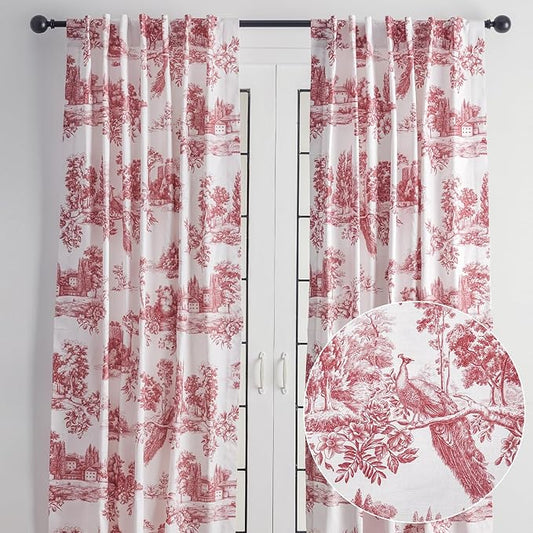 Maison d' Hermine Curtains for Living Room 100% Cotton 108 inch Length Two Panels Light Filtering Toile Curtains for Bedroom Windows with Rod and Loop Pockets Drapes (Trianon Red, 50" W x 108" L)