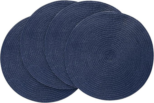 Floroom 15 Inch Round Braided Placemats Set of 4, Washable Heat Resistant Cotton Polyester Circle Place Mats for Kitchen Dining Table - Navy Blue