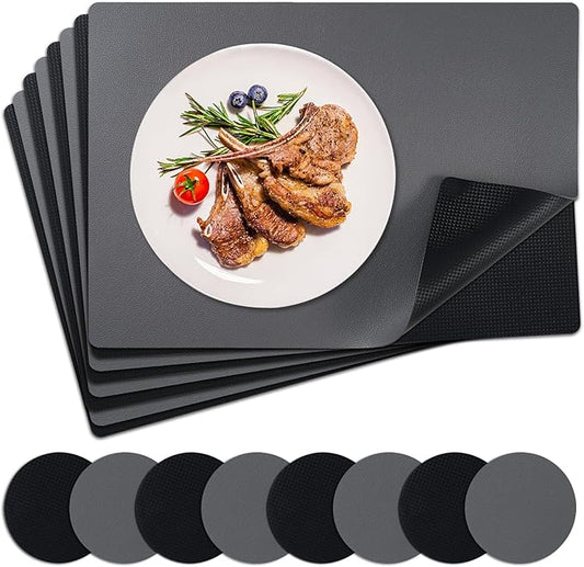 Placemats Set of 8 with Coasters Dual Sided Heat Stain Resistant Place Mats Faux Leather Table Mats Non-Slip Waterproof Oil-Proof Washable Wipeable Table Placemats for Dining Patio Table Kitchen