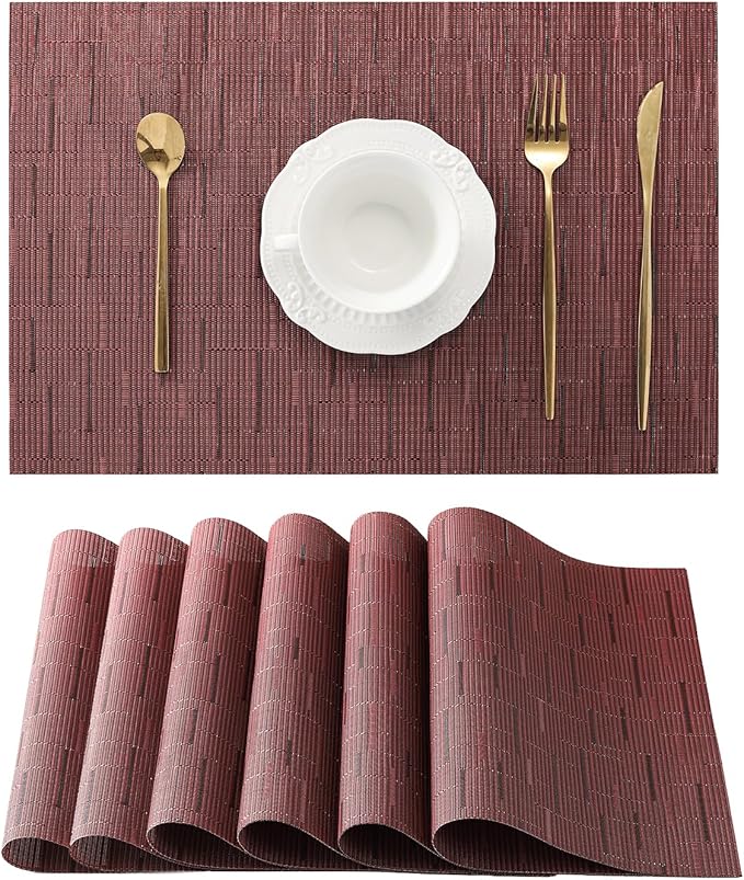 Leetaltree Burgundy Placemats Set of 6 - Heat Resistant Non-Slip Place mats for Dining Table, Washable Durable PVC Vinyl Woven Table Mats（Burgundy, 6）