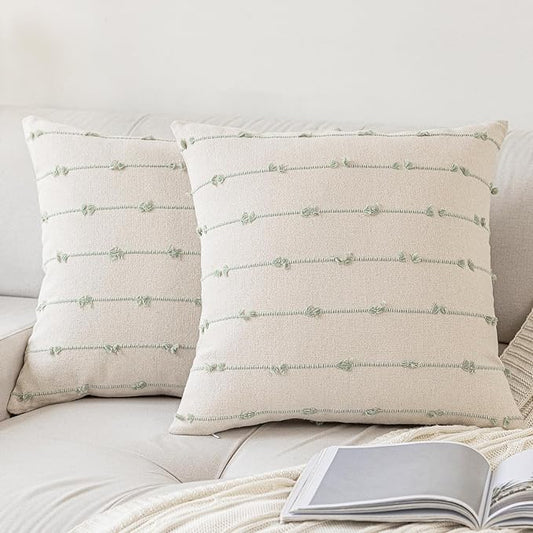 Boho Throw Pillow Covers 16x16 Set of 2 Modern Farmhouse Decorative Cushion Case Tufted Square Pillows Cover Neutral Pillow Cases Accent Pillowcase for Sofa,Couch,Bed,Beige and Green