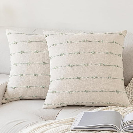 Boho Throw Pillow Covers 24x24 Set of 2 Modern Farmhouse Decorative Cushion Case Tufted Square Pillows Cover Neutral Pillow Cases Accent Pillowcase for Sofa,Couch,Bed,Beige and Green