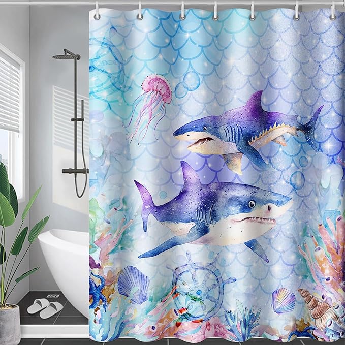 AILONEN Cartoon Shark Shower Curtain for Kids Boys Girls,Blue Ocean Coral Shell Fish Scale Coast Bathroom Curtain, 48" W*72" H Bath Curtain Polyester Waterproof Shower Curtain with 12 Hooks