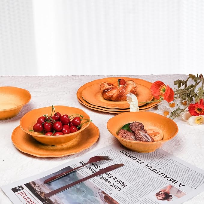 Missyip Melamine Dinnerware Set, Indoor and Outdoor Use Plates and Bowls Sets, Durable 12 Pcs Dishes Sets for 4, BPA Free Dishwasher Safe Not Microwave Not Oven