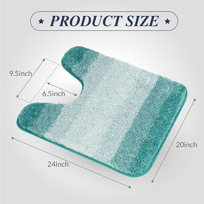 Walensee Contour Rug (20 x 24, Ombre Turquoise) Non Slip Water Absorbent Soft Microfiber Shaggy Bath Mat, Machine Washable U Shape Toilet Rug