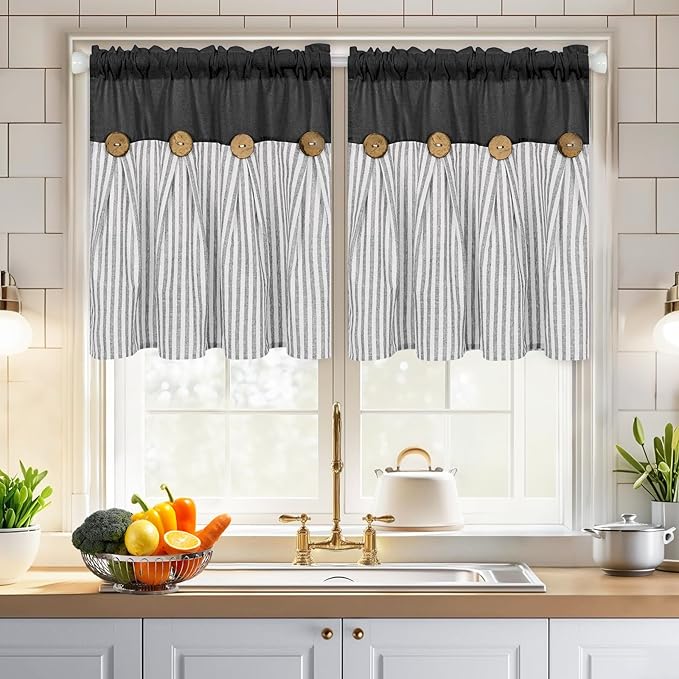 ASPMIZ Cotton Linen Window Treatment Tiers 24 Inch, Boho Rustic Kitchen Curtains Farmhouse, Black with Grey Stripe Half Window Curtain, Country Short Rod Pocket Curtains for Small Window, 2 Panels