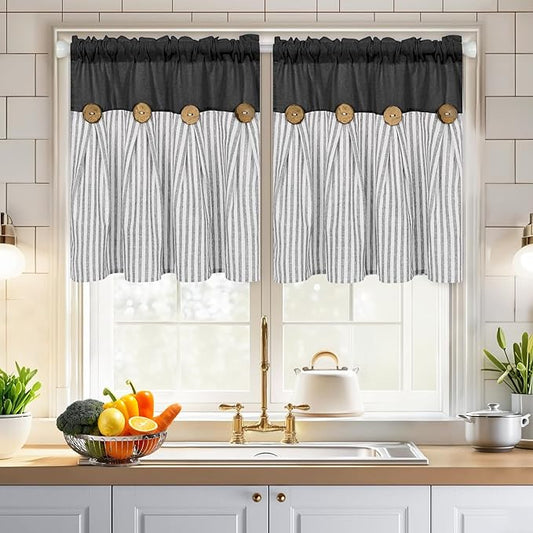 ASPMIZ Cotton Linen Window Treatment Tiers 24 Inch, Boho Rustic Kitchen Curtains Farmhouse, Black with Grey Stripe Half Window Curtain, Country Short Rod Pocket Curtains for Small Window, 2 Panels