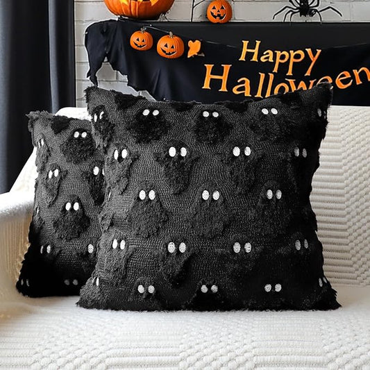 4TH Emotion Halloween Ghost Decorative Pillow Covers 20x20 Set of 2, Black Soft Plush Faux Fur Farmhouse Throw Cushion Cases for Fall Autumn Holiday Home Decorations