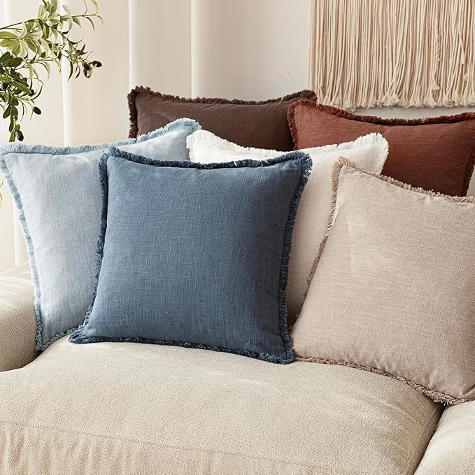 Foindtower Set of 2 Decorative Linen Fringe Throw Pillow Covers Cozy Farmhouse Cushion Cover with Tassels Accent Pillowcase for Couch Chair Sofa Bed Living Room Home Decor,24×24 Inch,Dark Blue