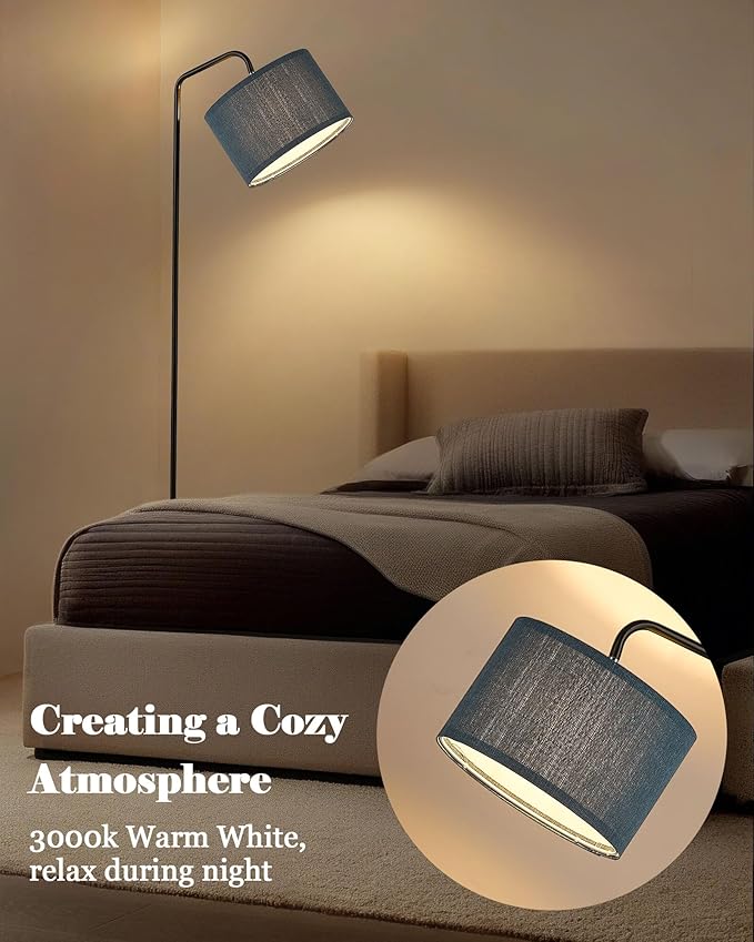 ELYONA LED Floor Lamp with 3 Color Temperatures, Modern Reading Standing lamp with Blue Linen Adjustable Hanging lampshade, Tall Pole Metal Lamp with 9W Bulb for Bedroom, Living Room, Office