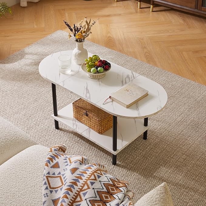 2 Tier Coffee Table with Open Storage Shelf, Oval Wood Tea Table 17 inch high, Small Table for Small Space Apartment White Faux Marble + Black YD-011M