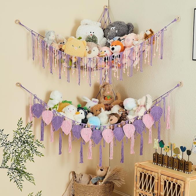 Pretty Jolly Stuffed Animal Storage Hammock with Wooden Beads Corner Hanging Net Boho Tassel for Toy Plush Holder for Kid Room Nursery Decor Wall Display Organizer for Girls Boy Gift(Purple)