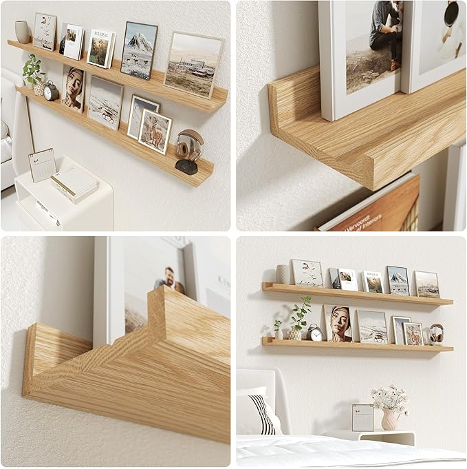 Oak Picture Ledge Shelf,Floating Wall Mounted Shelves, Black Shelves for Wall Decor, Modern Picture Ledge Shelf with Lip for Storage, Bedroom, Living Room, Bathroom,Nursery Display