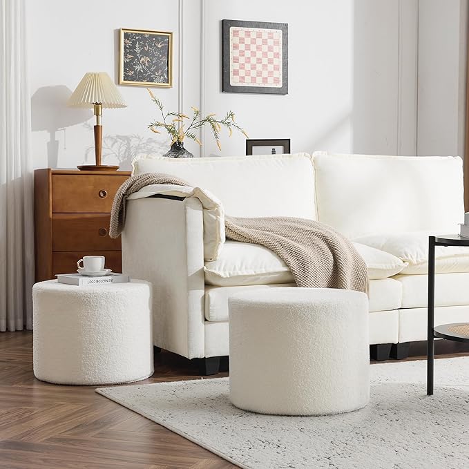 Bezseller Soft Boucle Pouf Ottoman, Comfortable Foot Rest, Full Foam Filling Footstool for Living Room, Bedroom, Lightweight Comfort and Charm Floor Poof Seating Perfect to Rest Your Feet, Beige