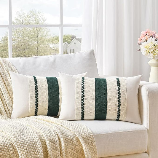 Fancy Homi Set of 2 Dark Green Boho Lumbar Decorative Throw Pillow Covers 12x20 Inch for Couch Bed Sofa Bedroom, Modern Farmhouse Vintage Forest Green Living Room Decor