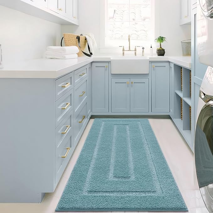 HOMORE Bathroom Runner Rugs 24x70 Non Slip Washable Bath Rug Soft and Absorbent Microfiber Long Bathroom Rug Blue Plush Bath Rugs for Shower Floor, Spa Blue