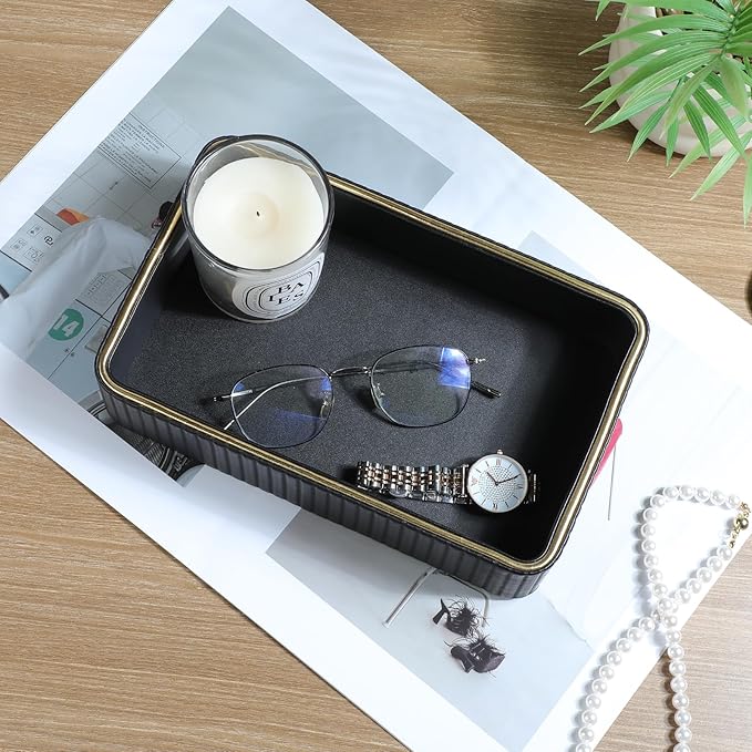 Desk Organizer Tray, PU Leather Valet Tray Nightstand Organizer Cologne Perfume Tray for Men Women, Decorative Vanity Tray Key Bowl Trinket Dish Bathroom Bedroom Accessories (Black)