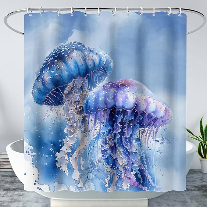 AILONEN 3D Jellyfish Shower Curtain,Beautiful Jellyfish Shower Curtain for Bathroom,Watercolor Blue Ocean Waterproof Fabric Shower Curtain Set with Hooks,36" W*72" H
