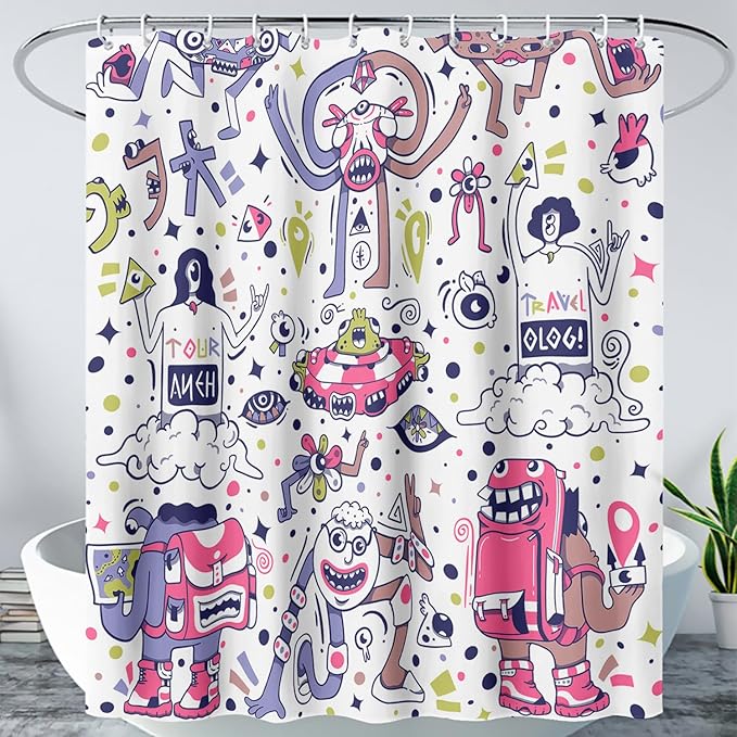 AILONEN Alien Shower Curtain,Spaceship Universe Theme Waterproof Fabric Shower Curtain Sets, 36" W*72" H Monster Robot Bathroom Decor for Boys Teens Kids