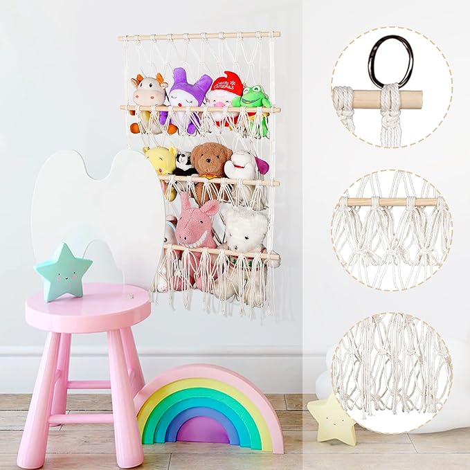 3 Tiers Plush Toy Organizer Hammock with Tassels, Stuffed Animals Net for Room Decor, Plushie Net Toy Hammock, Over the Door Organizer, Storage and Organization for Kid's, 3 Layers