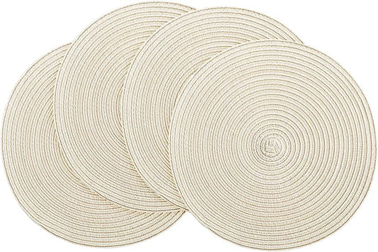 Floroom 15 Inch Round Braided Placemats Set of 4, Washable Heat Resistant Cotton Polyester Circle Place Mats for Kitchen Dining Table - Ivory