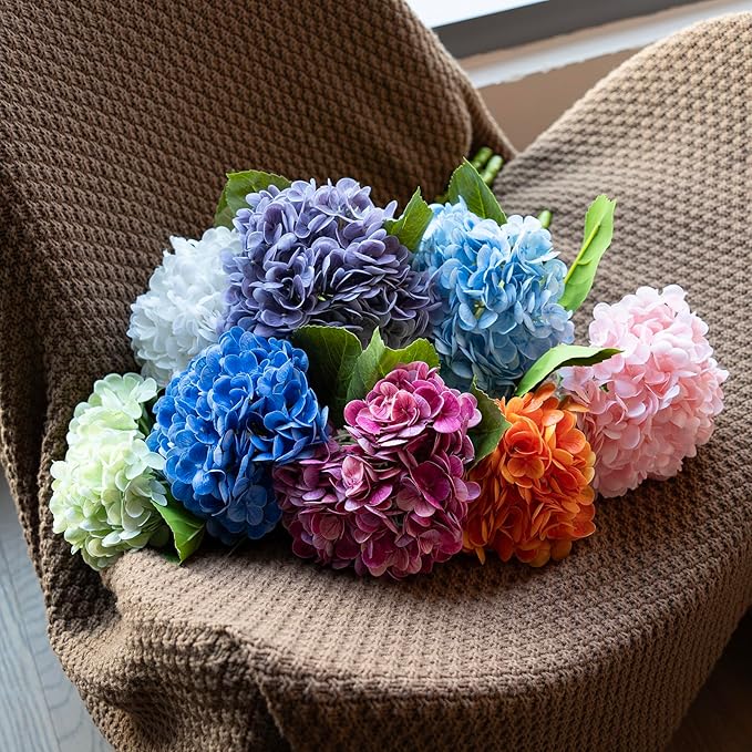 4PCS Artificial Flowers Large Hydrangeas Flowers Latex Bouquet for Wedding Bridal Office Home Party Decoration (2Pcs White+2Pcs Blue)