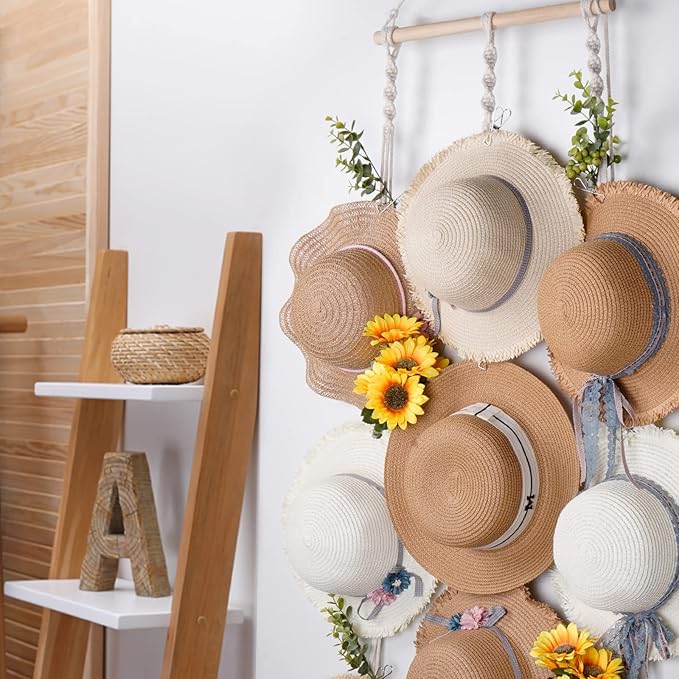 Macrame Hat Hangers for Wall Wide Brimmed Hat Holder Storage 10 Clips Hat Rack Organizer for Wall Display Boho Decor for Fedora Sun Hats Straw Panama Closet Bedroom Gifts for Mom