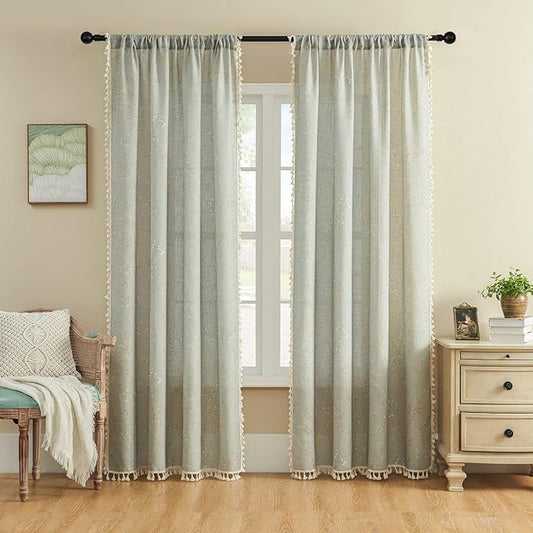Joydeco Blue Floral Boho Curtains 108 Inches Long 2 Panels, Super Soft Bohemian Farmhouse Curtains with Tassels, Semi Sheer Light Filtering Drapes for Bedroom Living Room (Rod Pocket, 52Wx108L)