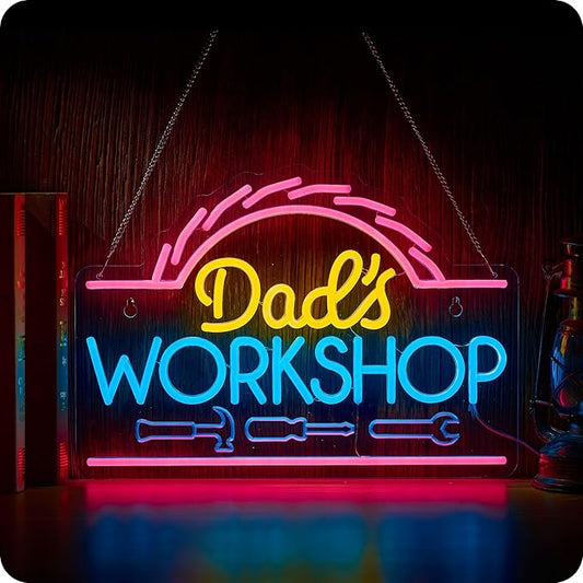 Dad's Workshop Neon Sign for Wall Decor Garage LED Light Car signs for Auto Repair Shop Man Cave Gift for Father 12.6 x 16.5 in (Yellow Pink)