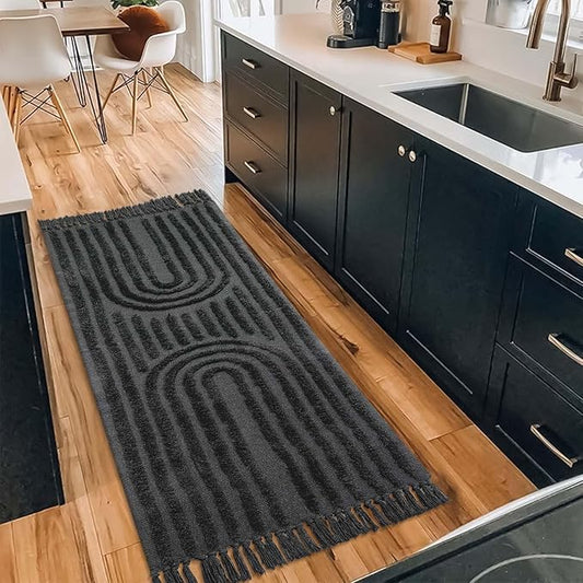 LEEVAN Washable Kitchen Runner Rug 2'X5', Hand-Woven Bathroom Runner Rug with Tassels, Dark Grey Entryway Runner Rug, Tufted Rainbow Bedroom Rug Runner, Farmhouse Hallway Rug for Laundry/Living Room