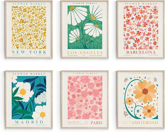 Habseligkeit Flower Market Posters for Room Decor Aesthetic, Danish Pastel Room Decor, Floral Wall Art Prints for Girs Dorm Aesthetic Decor Unframed, 11x14in, Set of 6