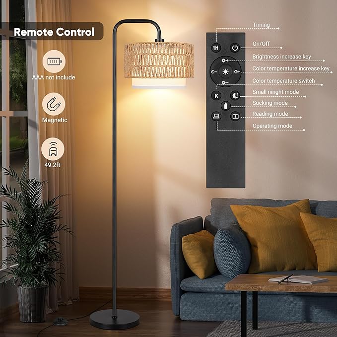 PARTPHONER 68‘’Floor Lamp for Living Room with 3 Color Temperatures, Farmhouse Standing Lamp with Remote & Dimmable Bulb, Boho Lamp Rattan & Fabric Shades, Black