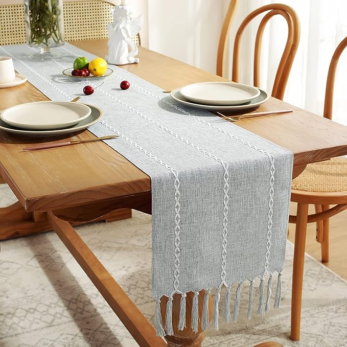 Chassic Rustic Farmhouse Style Linen Table Runner, Boho Handmade Tassel Embroidery Table Runners 72 Inches Long for Holiday Party, Dresser and Dining Decorations, 13 x 72 inch - Light Grey